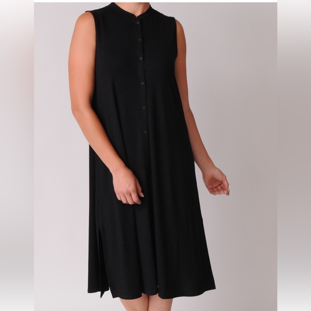Eileen Fisher Black Sleeveless Button Down Midi Dress in Black sz S